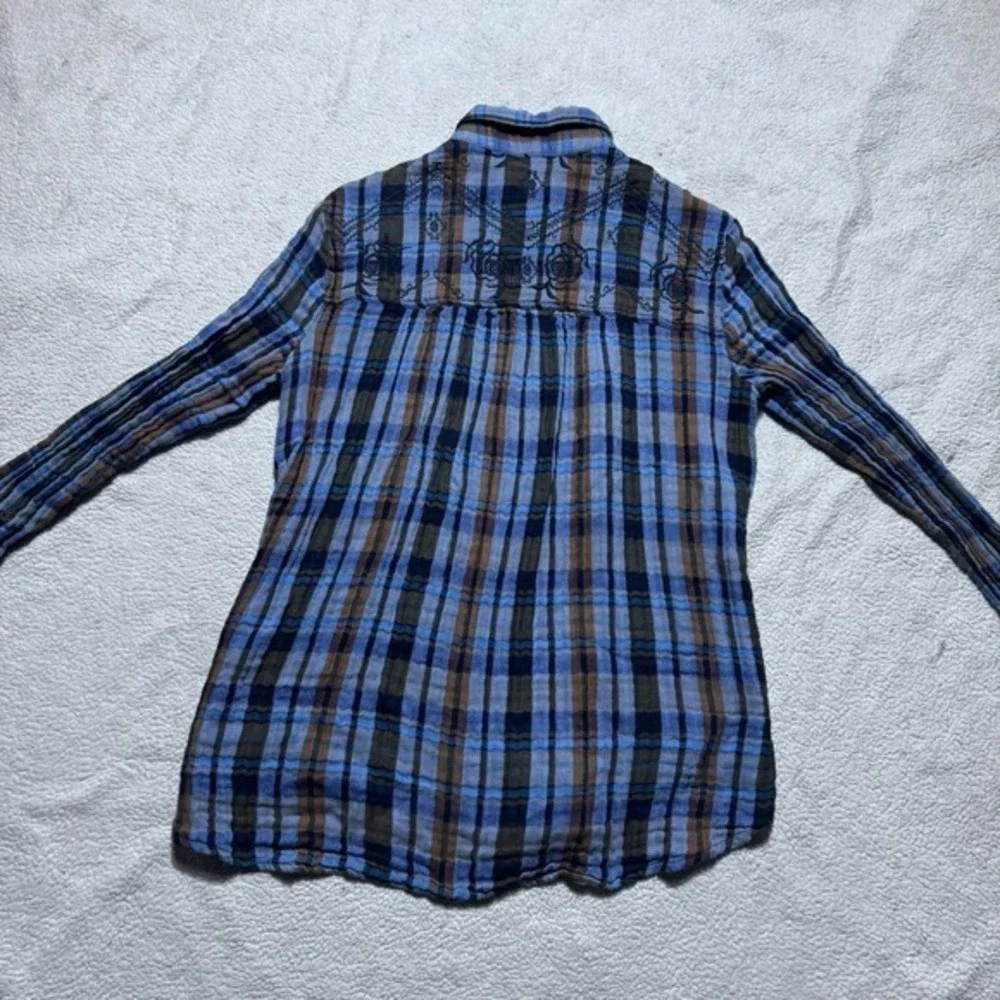 Free People Top Womens XS‎ Blue Plaid Button-Up Tunic Floral Embroidery Collared
